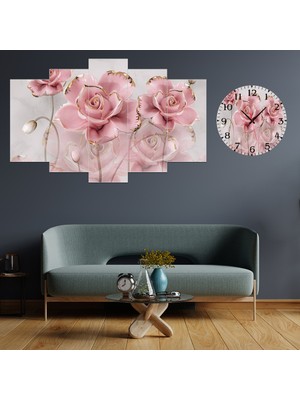 A2ZTR 5 Parçalı Dekoratif Ahşap Duvar Tablosu ve Saati 60X124 cm