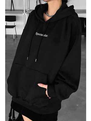 Millionaire Kadın Siyah Spectacular Baskılı 3 Iplik Şardonlu Kapüşonlu Kanguru Cepli Oversize Salaş Hoodie Sweatshirt