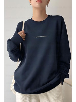 Millionaire Kadın Lacivert Dreamer Baskılı 0 Sıfır Yaka Oversize Salaş Bol Kesim Polar Sweatshirt