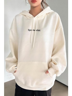 Millionaire Kadın Kırık Beyaz Krem Ekru Spectacular Baskılı 3 Iplik Şardonlu Kapüşonlu Kanguru Cepli Oversize Salaş Hoodie Sweatshirt