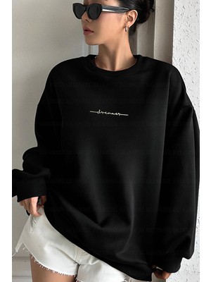 Millionaire Kadın Siyah Dreamer Baskılı 0 Sıfır Yaka Oversize Salaş Bol Kesim Polar Sweatshirt