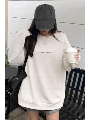 Millionaire Kadın Kırık Beyaz Krem Ekru Dreamer Baskılı 0 Sıfır Yaka Oversize Salaş Bol Kesim Polar Sweatshirt