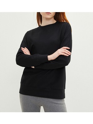 10 & Bir Basic Bisiklet Yaka Düz Siyah Uzun Kollu Kadın Sweatshirt