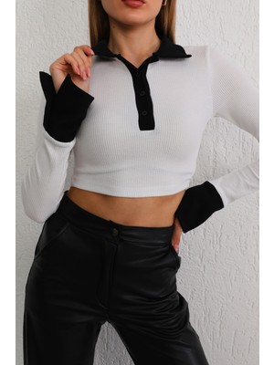 Bikelife  Kadın Beyaz Polo Yaka Düğmeli Crop Bluz