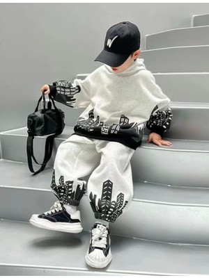 Kids Face Özel Tasarım Kapüşonlu Şehir Manzara Baskılı 3 Iplik Şardonlu Tam Kışlık  Pamuk Luxury Erkek Çocuk Eşofman Takımı