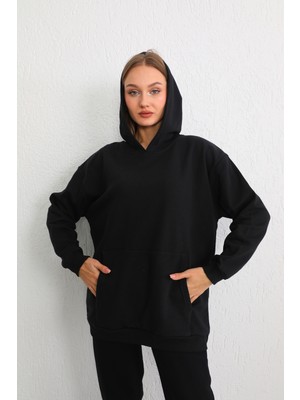 Bikelife  Kadın Siyah Oversize Şardonlu Üç Iplik Kapüşonlu Sweatshirt