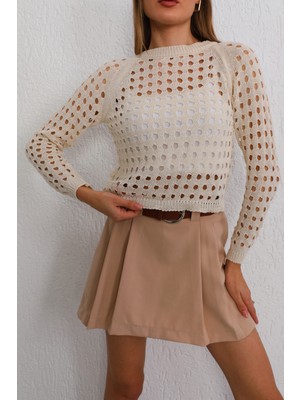 Bikelife  Kadın Krem Ajurlu Delikli Uzun Kol Triko Kazak