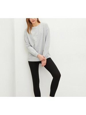 10 & Bir Kadın Basic Bisiklet Yaka Düz Açık Gri Uzun Kollu  Sweatshirt