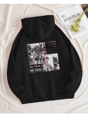 Amor Man Büyük Beden Özel Tasarım Kapüşonlu Be True Of Baskılı 3 Iplik  Pamuk Erkek Sweatshırt