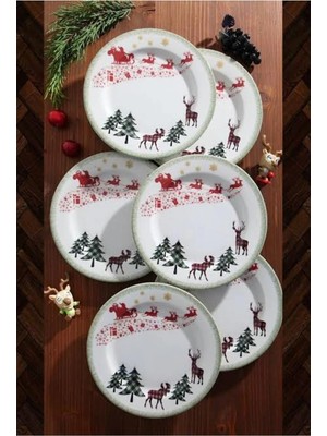 Pinkev 6 Kişilik Porselen 19CM Yılbaşı Pasta Tatlı Tabağı Seti