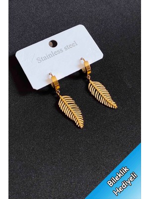 Trend Collection Figürlü Sallantılı Gold Tüy Yaprak Çelik Küpe Kadın 3 cm Paslanmaz Çelik Küpe