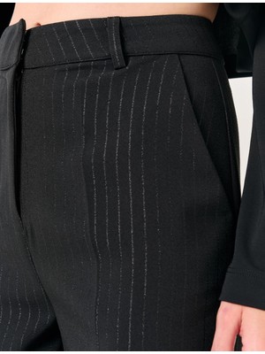 Jimmy Key Siyah Yüksek Bel Bol Paça Çizgili Şık Kumaş Pantolon