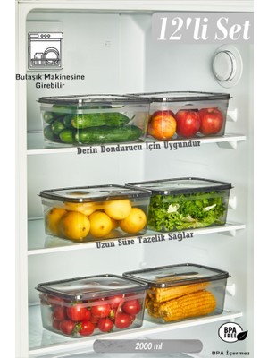 Bayev 12 Adet Huge Füme 2 Lt Buzdolabı Saklama Kabı - Derin Dondurucuya Uygun