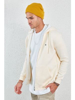 Edition Ekru Kapüşonlu Fermuarlı Sweat Erkek Uzun Kol Düz Renk Tasarım