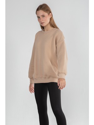 Barrelsandoil Bisiklet Yaka Basic Sweatshirt Bej