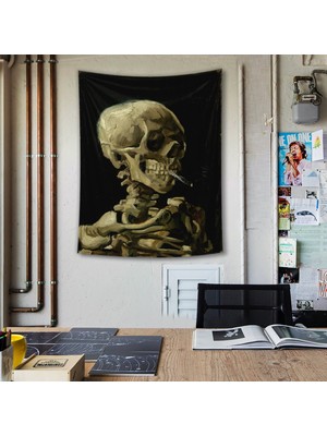 The Lucid Lab Skull Of A Skeleton With Burning Cigarette Duvar Örtüsü - 100 cm x 135 cm