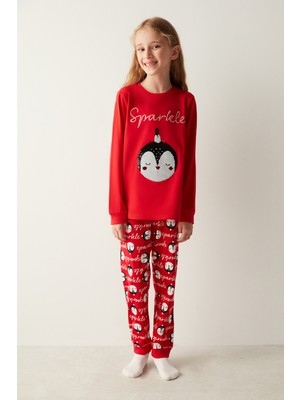 Penti Kız Çocuk Payetli Kırmızı Pijama Takımı
