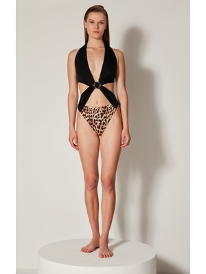 Penti Siyah ve Leopar Desenli Metal Detaylı Reneta Monokini Mayokini-Özgür Masur Koleksiyonu