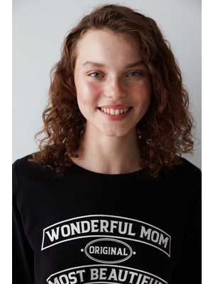 Penti Wonderful Mom Slogan Baskılı Siyah Pijama Takımı