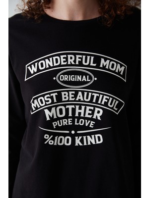 Penti Wonderful Mom Slogan Baskılı Siyah Pijama Takımı