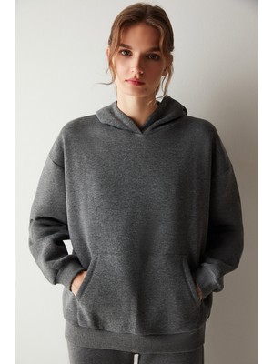 Penti Koyu Gri Melanj Kapüşonlu Içi Şardonlu  Oversize Sweatshirt