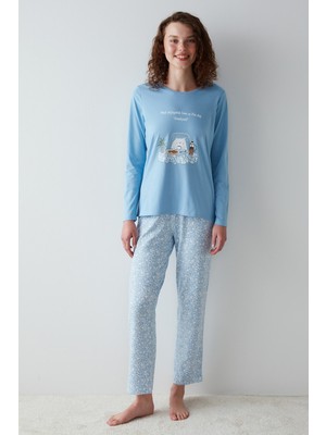 Kedi Baskılı Mavi Pijama Takımı