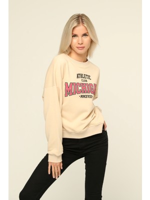 Owut Collection Bej Bisiklet Yaka Baskılı Sweatshirt