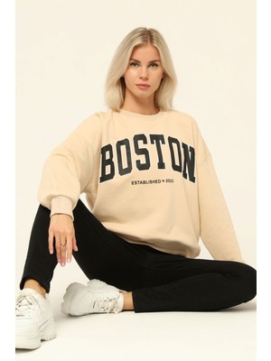 Owut Collection Bej Bisiklet Yaka Baskılı Sweatshirt