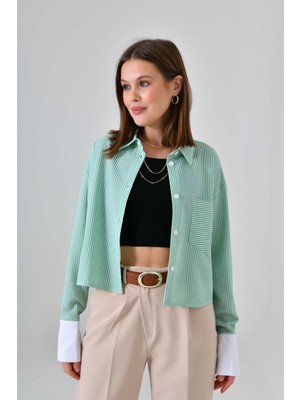 Saade Yeşil Çizgili Crop Gömlek
