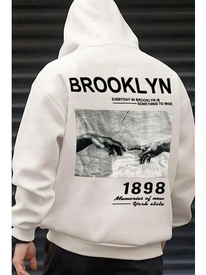 Erkek Kırık Beyaz Krem Ekru 1898 Baskılı Kapüşonlu Oversize 3 iplik Şardonlu Salaş Bol Kesim Hoodie Sweatshirt