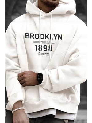 Erkek Kırık Beyaz Krem Ekru 1898 Baskılı Kapüşonlu Oversize 3 iplik Şardonlu Salaş Bol Kesim Hoodie Sweatshirt