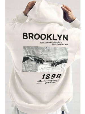 Erkek Kırık Beyaz Krem Ekru 1898 Baskılı Kapüşonlu Oversize 3 iplik Şardonlu Salaş Bol Kesim Hoodie Sweatshirt