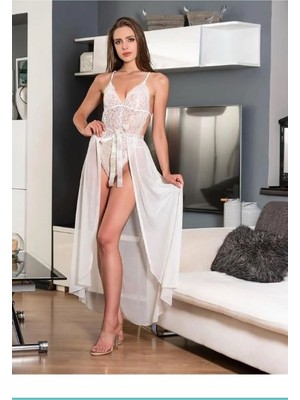 Nathalie Lingerie Kadın Beyaz Tül Sırt Dekolteli Babydoll Fantezi Gecelik