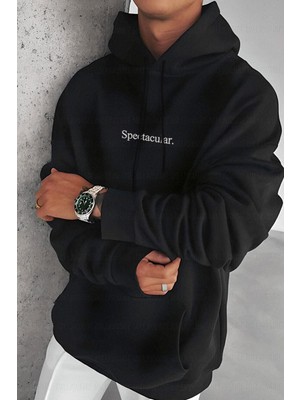 Millionaire Erkek Siyah Spectacular Baskılı 3 Iplik Şardonlu Kapüşonlu Kanguru Cepli Oversize Salaş Hoodie Sweatshirt