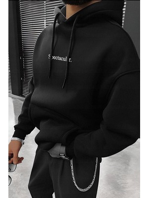 Millionaire Erkek Siyah Spectacular Baskılı 3 Iplik Şardonlu Kapüşonlu Kanguru Cepli Oversize Salaş Hoodie Sweatshirt