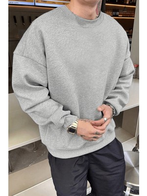 Millionaire Erkek Düz Gri Basic Baskısız Sıfır Bisiklet Yaka Oversize Salaş Sweatshirt Sweat