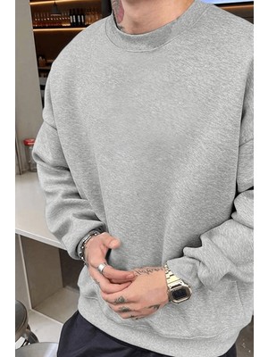 Millionaire Erkek Düz Gri Basic Baskısız Sıfır Bisiklet Yaka Oversize Salaş Sweatshirt Sweat