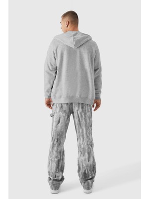 Millionaire Erkek Gri Melanj Kapüşonlu Fermuarlı 3 Üç Iplik Polar Kanguru Oversize Sweatshirt Zip Up Hoodie