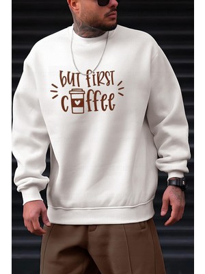 Millionaire Erkek Kırık Beyaz Krem Ekru But First Coffee Baskılı 0 Sıfır Yaka Oversize Salaş Bol Kesim Polar Sweatshirt