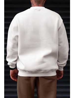 Millionaire Erkek Kırık Beyaz Krem Ekru But First Coffee Baskılı 0 Sıfır Yaka Oversize Salaş Bol Kesim Polar Sweatshirt