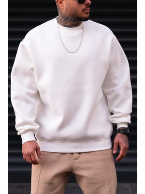 Millionaire Erkek Düz Kırık Beyaz Krem Ekru Basic Baskısız Sıfır Bisiklet Yaka Oversize Salaş Sweatshirt Sweat