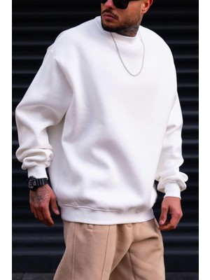 Millionaire Erkek Düz Kırık Beyaz Krem Ekru Basic Baskısız Sıfır Bisiklet Yaka Oversize Salaş Sweatshirt Sweat
