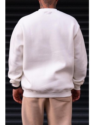 Millionaire Erkek Düz Kırık Beyaz Krem Ekru Basic Baskısız Sıfır Bisiklet Yaka Oversize Salaş Sweatshirt Sweat