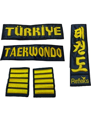 Refleks Spor Kuşak Nakış Taekwondo + Türkiye + Korece Taekwondo + 2 Adet 5.dan Çizgi Arma 5.dan Takım