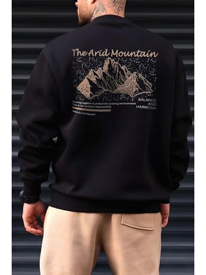 Millionaire Erkek Siyah Arid Mountain Baskılı 0 Sıfır Yaka Oversize Salaş Bol Kesim Polar Sweatshirt