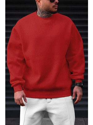 Millionaire Erkek Kırmızı Basic 0 Sıfır Yaka Baskısız Düz Oversize Salaş Bol Kesim Polar Sweatshirt