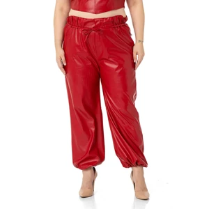 Disentis Modest Büyük Beden Paçası Büzgü Detaylı Deri Kırmızı Pantolon