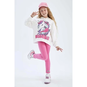 Kız Çocuk Unicorn Baskılı Kapüşonlu Sweatshirt ve Fitilli Pembe Taytlı Takım
