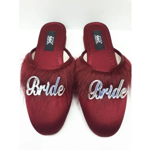 Bride Gelin Topuksuz Kaz Tüyü Terlik Bordo-Gümüş Yazılı