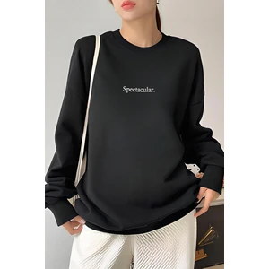 Kadın Siyah Spectacular Baskılı 0 Sıfır Yaka Oversize Salaş Bol Kesim Polar Sweatshirt